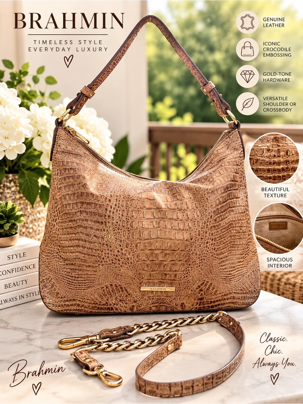 Brahmin Tan Croc-Embossed Leather Hobo Shoulder Bag with Gold Hardware